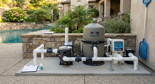 Clean and dry luxury swimming pool equipment pad with variable speed pump and cartridge filter pristine and clear of debris.